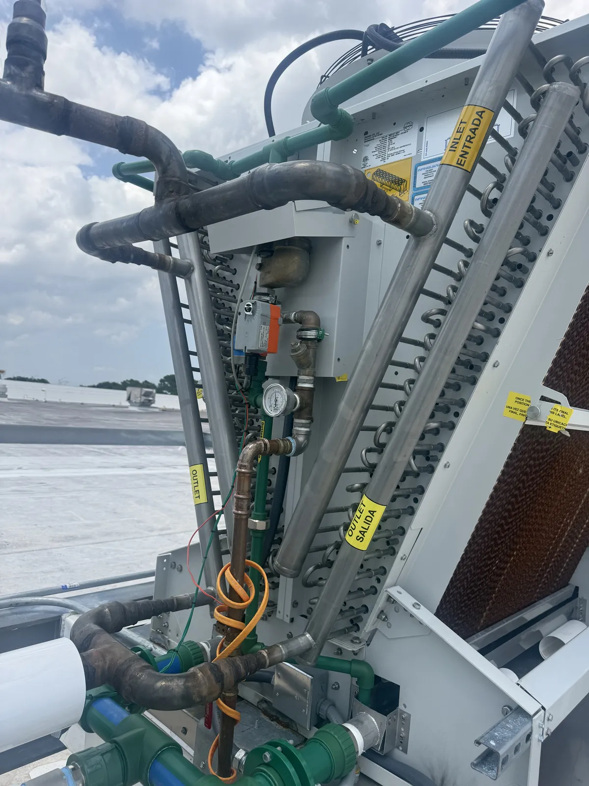 An adiabatic gas cooler coil on a CO₂ refrigeration system serviced by Vice Mechanical