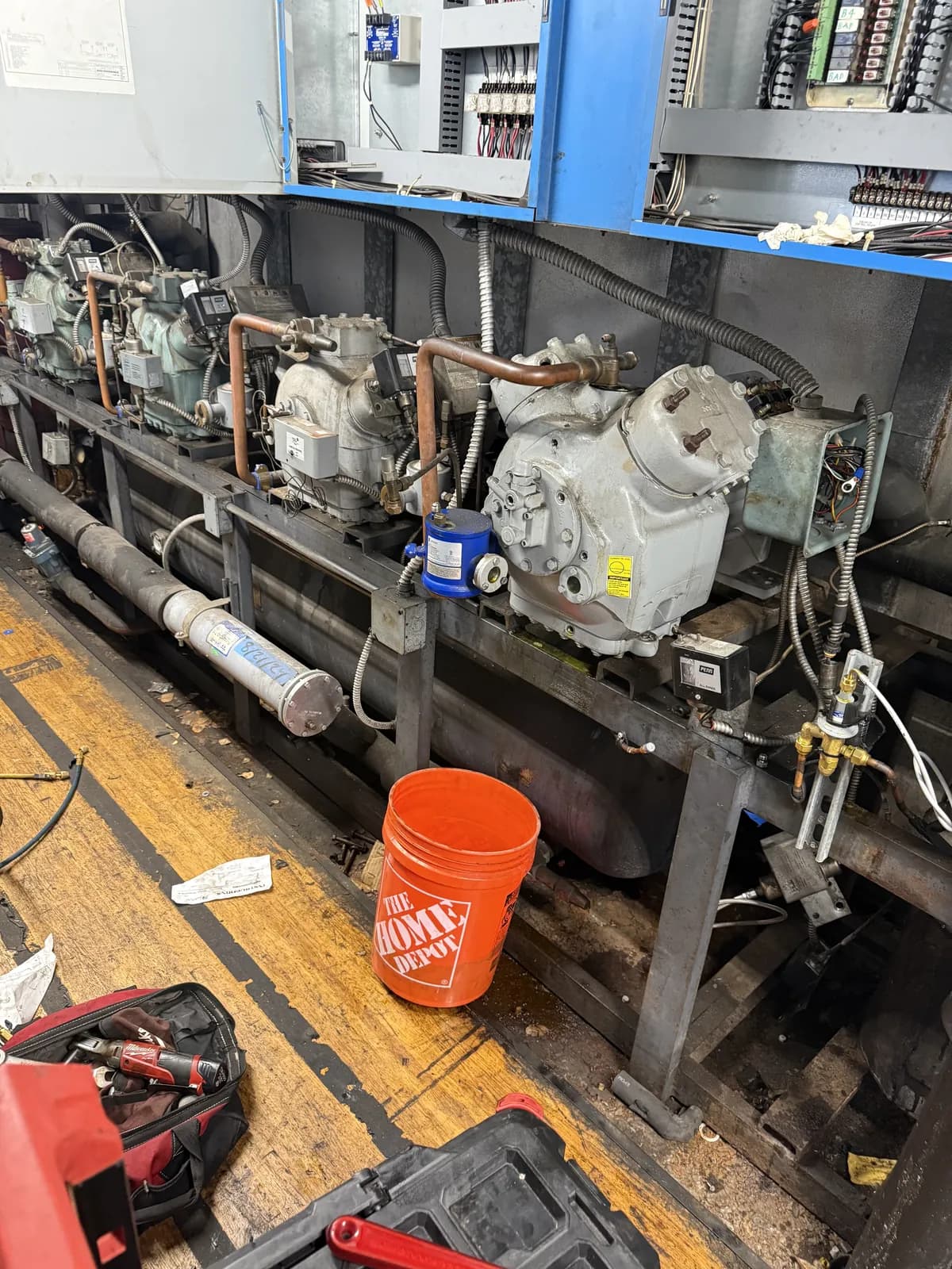 A commercial refrigeration compressor rack maintained by Vice Mechanical in South Florida